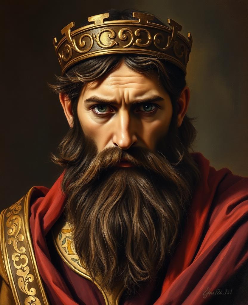 Painterly portrait of a tall imposing dark-bearded Israelite king with a simple bronze circlet crown and crimson and bronze royal robes, brooding eyes.
