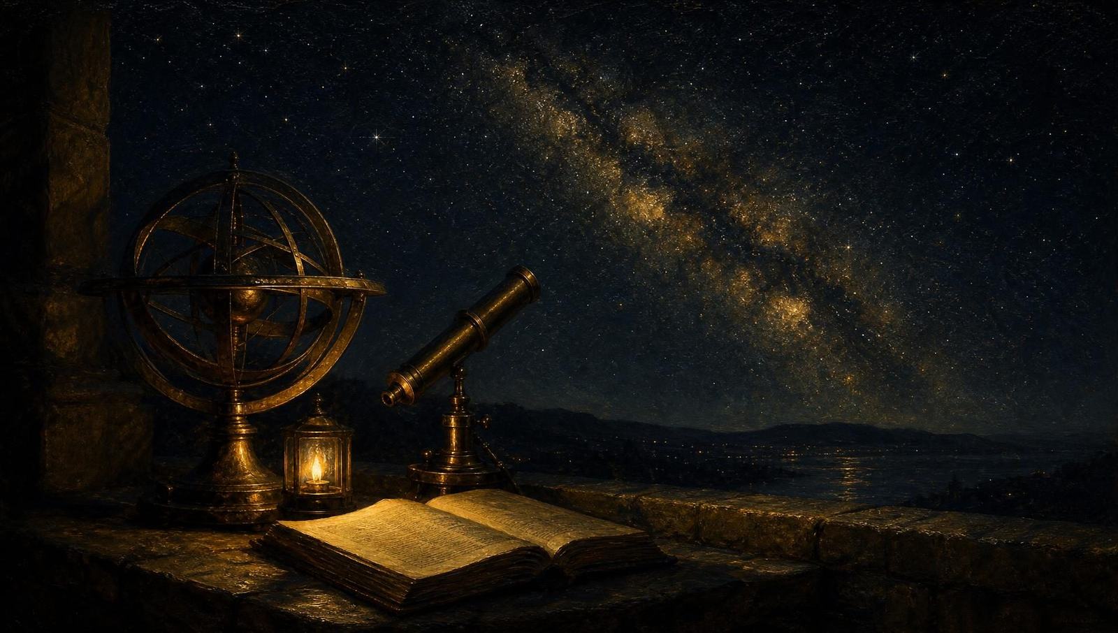 An oil painting of a telescope and an open book on a stone parapet beneath a vast field of stars