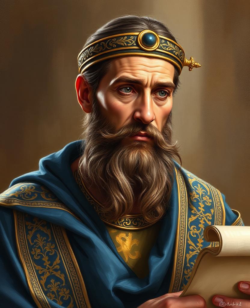 Painterly portrait of a middle-aged bearded king in richly embroidered robes of deep blue and gold, a simple gold circlet, holding a scroll.