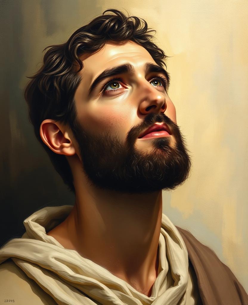 Painterly portrait of a young first-century man with short dark beard, peaceful upward gaze as if seeing heaven open, robed in simple cream and earth tones.