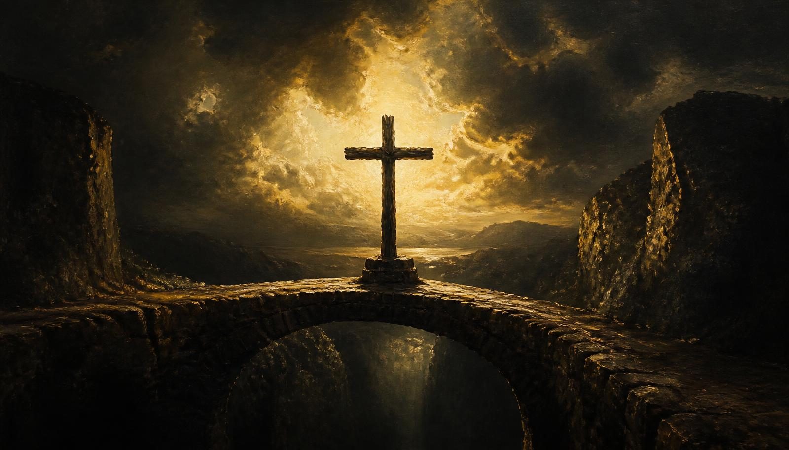 An oil painting of a rough cross standing on a stone bridge over a dark chasm as sunrise breaks gold behind it