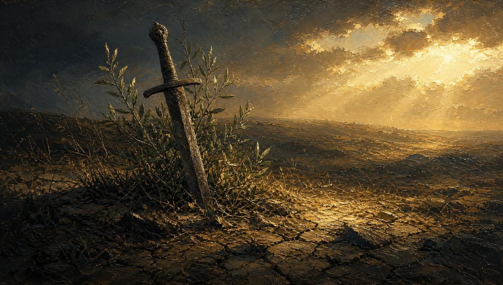 An oil painting of an old sword driven into cracked ground with young olive shoots growing around its hilt