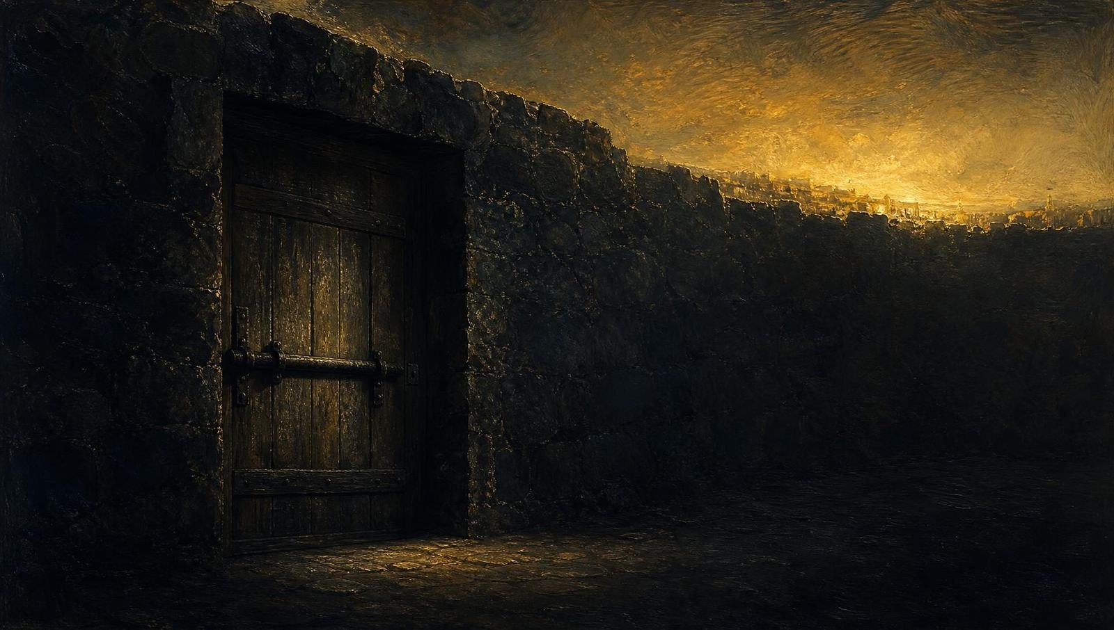 An oil painting of a heavy door bolted shut in a wall of dark stone, with warm light burning far beyond it