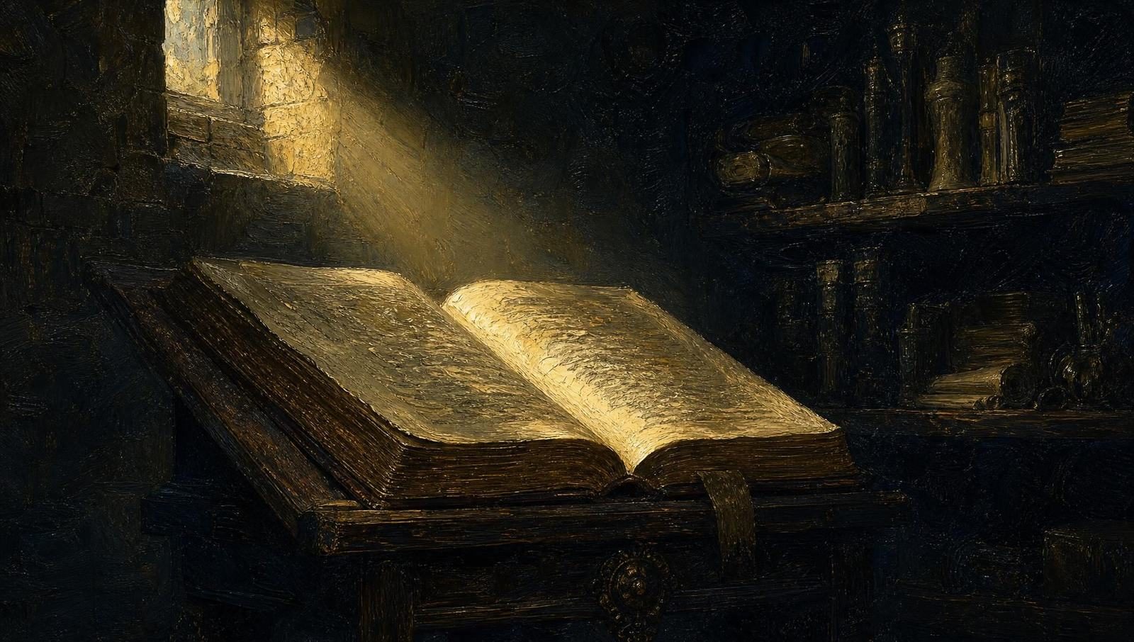 An oil painting of a great leather-bound book open on a lectern, lit by one shaft of light in a dark stone chamber