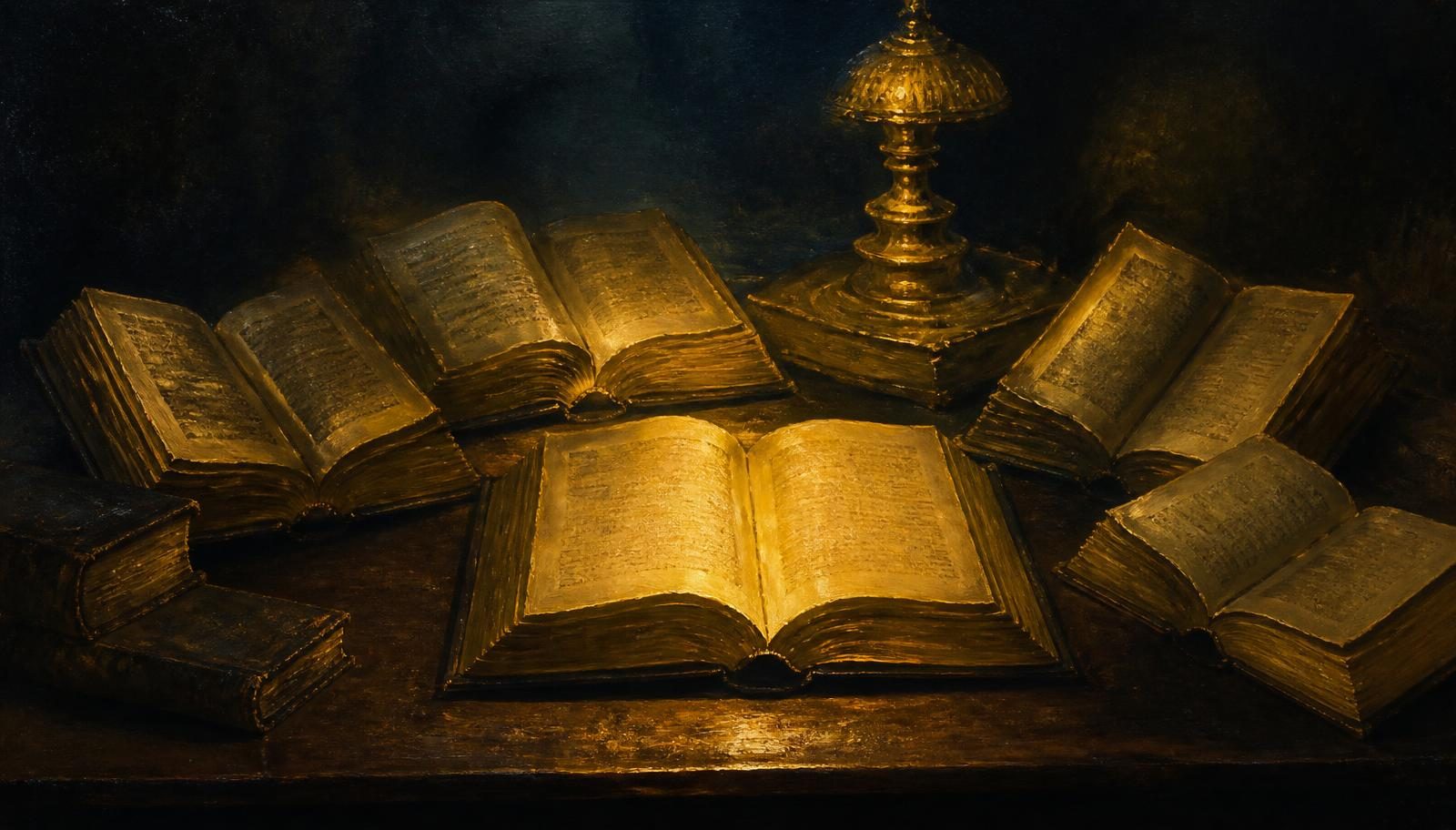 An oil painting of several old open books circled around one central open book, all lit by warm lamplight