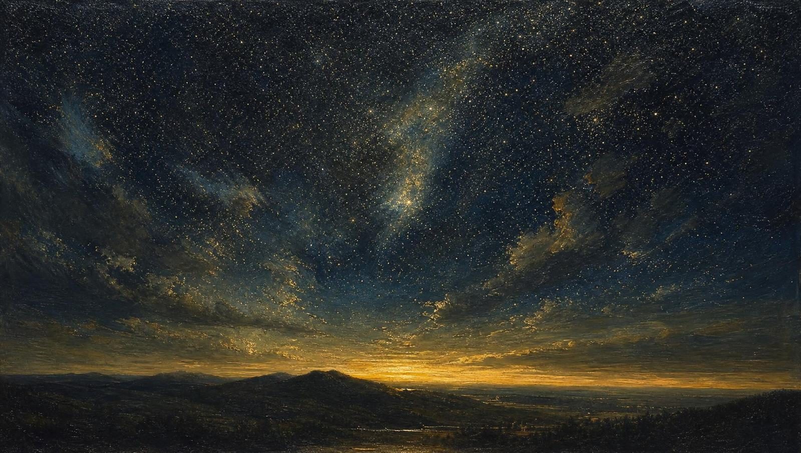 An oil painting of a vast star-filled sky above dark hills, with a low band of dawn gold on the horizon