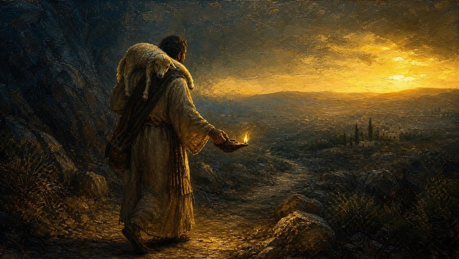 An oil painting of a shepherd carrying a lamb on his shoulders, walking out of shadow toward the breaking dawn