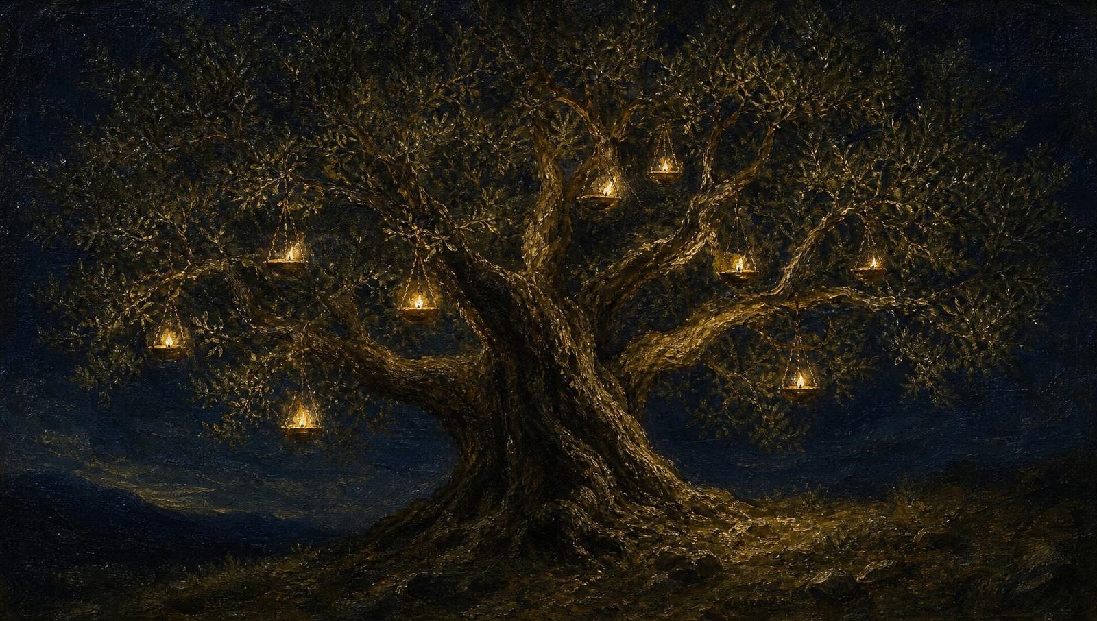 An oil painting of one ancient olive tree with a lit lamp hanging in each of its many branches