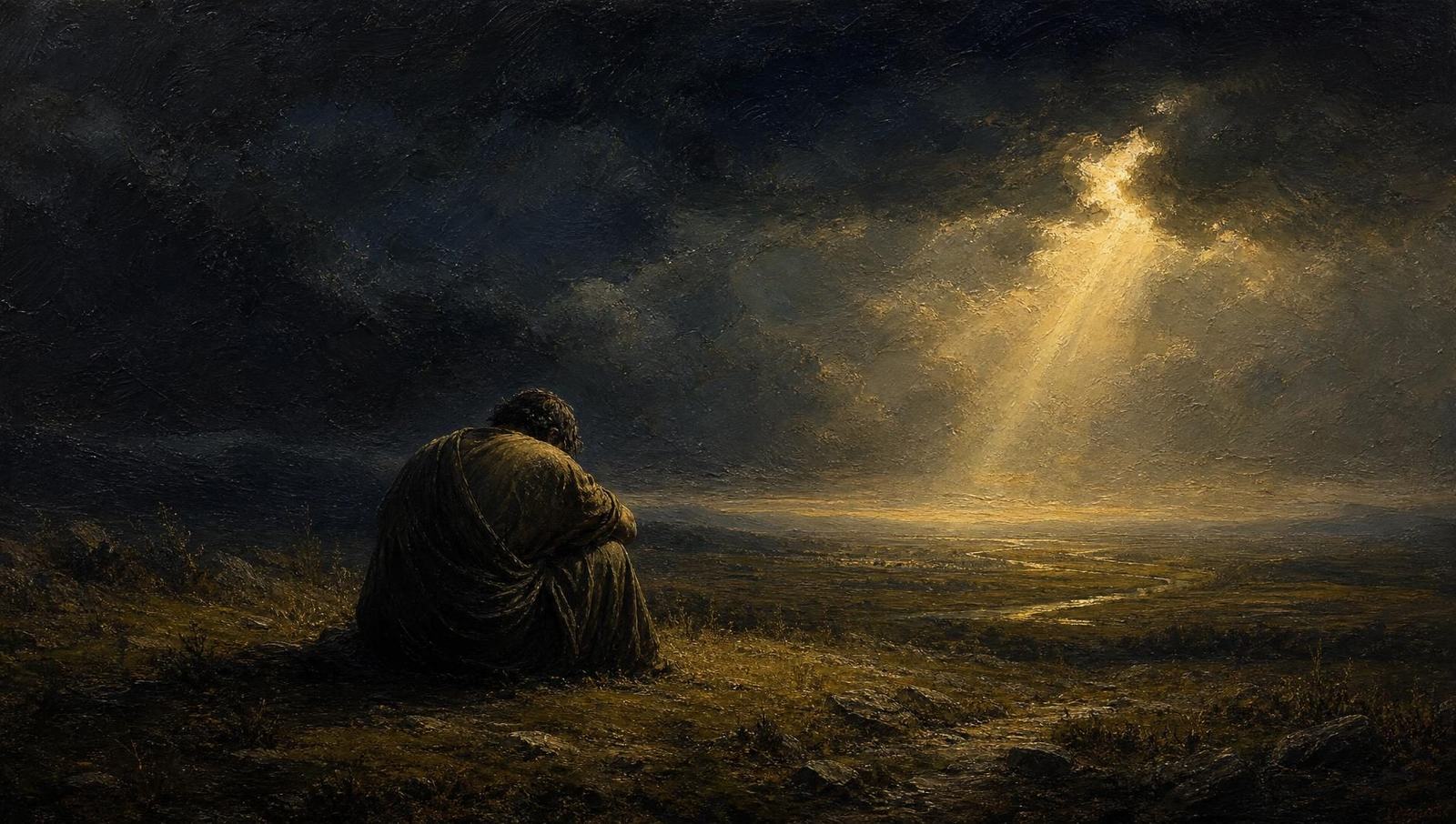 An oil painting of a figure sitting alone in a storm-swept plain as one shaft of light breaks the cloud far ahead